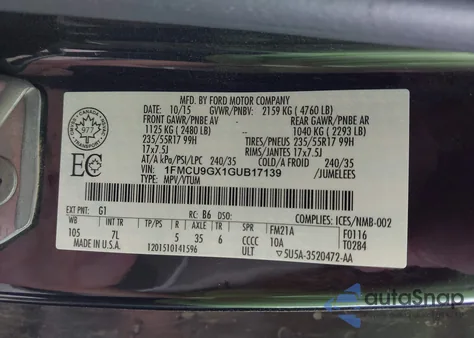 2016 Ford Escape Se из США, поврежденный, VIN 1FMCU9GX1GUB17139